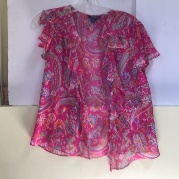 CHAPS Ralph Lauren Sheer Paisley Print Ruffle Flutter Sleeves Button Blouse 8 - Picture 4 of 16